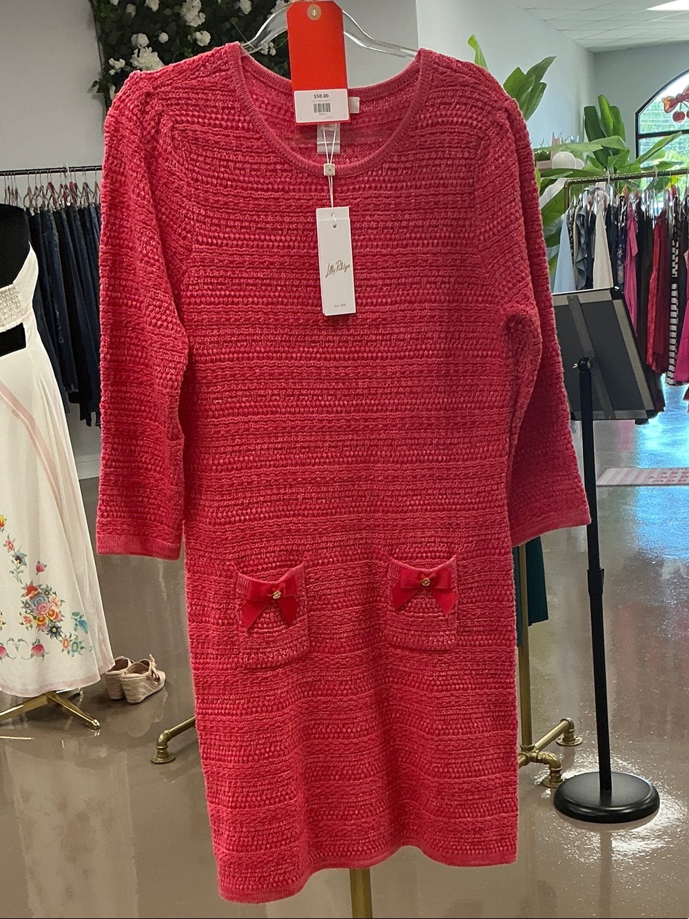 Lilly Pulitzer Hot Pink Long Sleeve Knit Dress with Pocket Bows